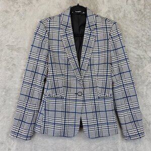 Express Blazer Womens 4 Blue White Plaid Stretch Suit Jacket Houndstooth Office